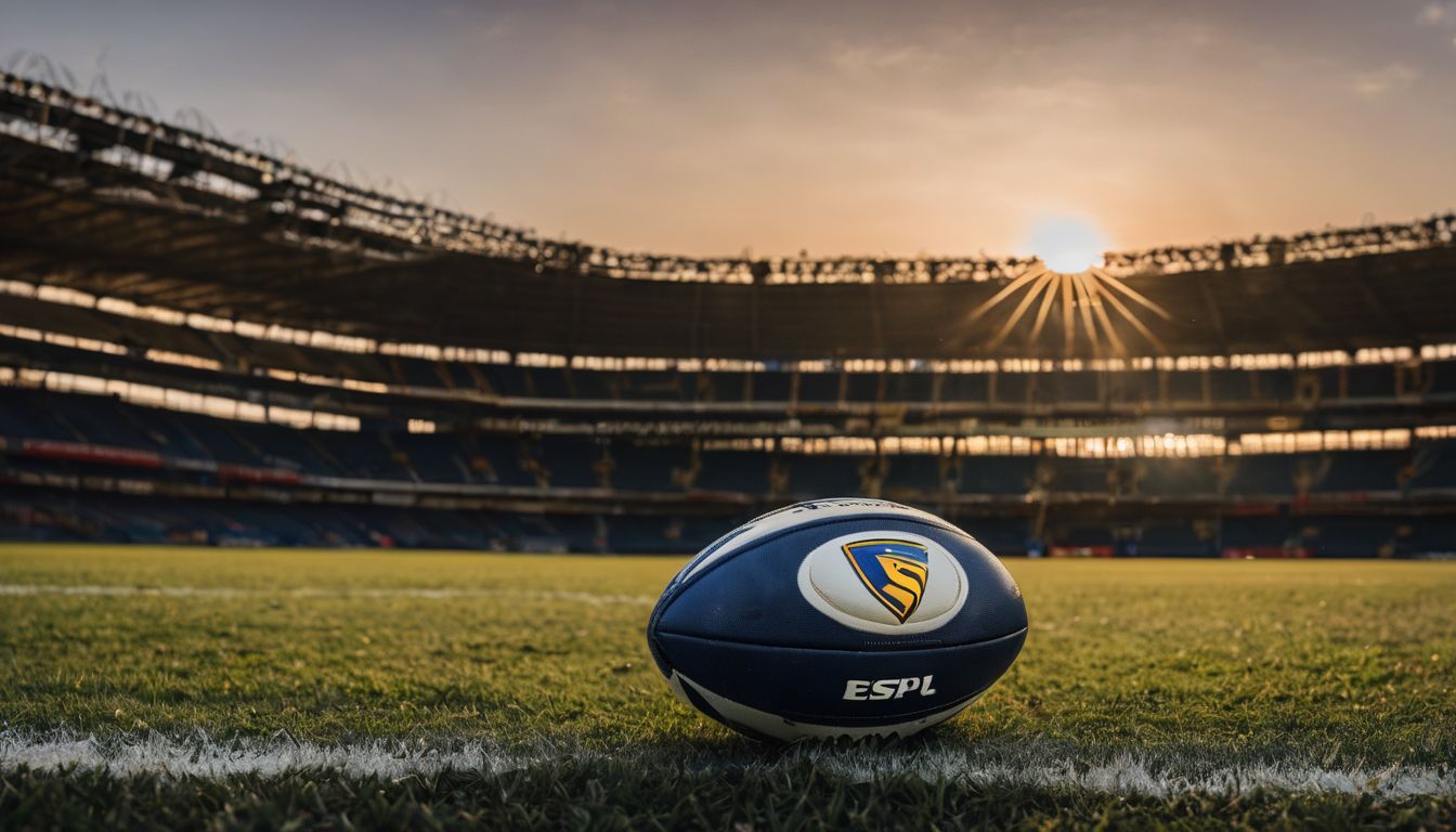 A rugby ball on the grass at sunset in an empty stadium.
