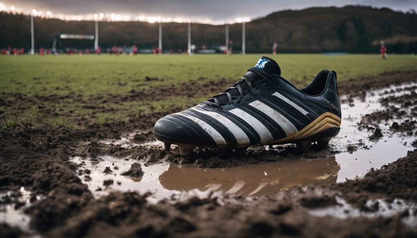 A muddy soccer cleat on a wet field with players in the background.