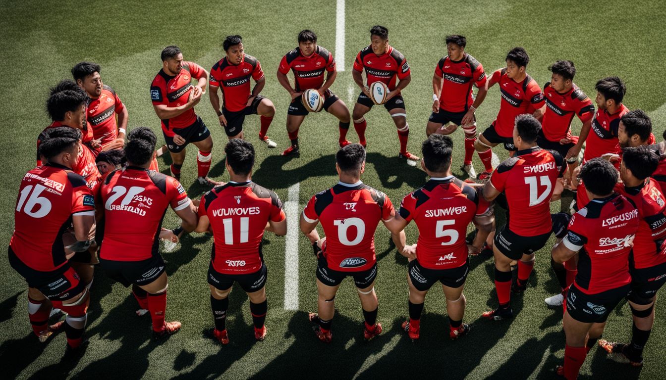 Rugby team in red jerseys huddled together on the field with one player holding the ball.