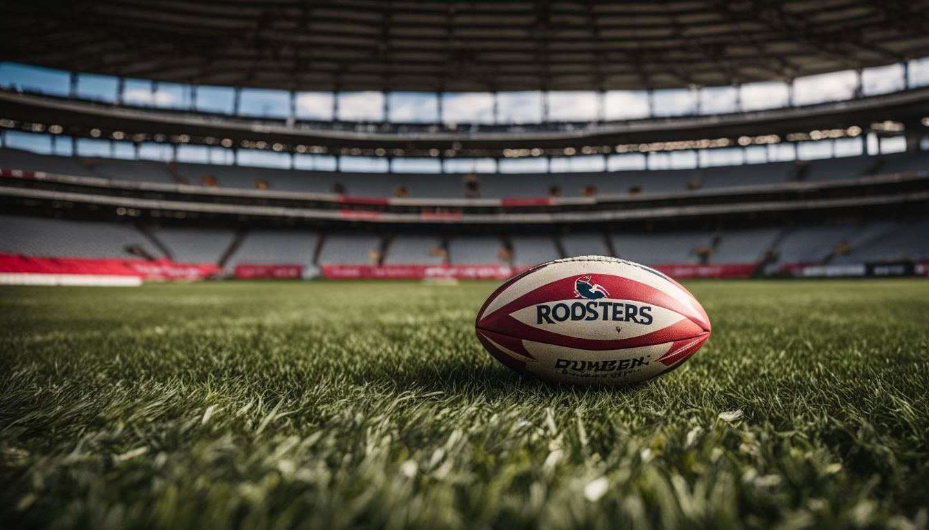 A rugby ball with the "roosters" logo placed on the grass in an empty stadium.