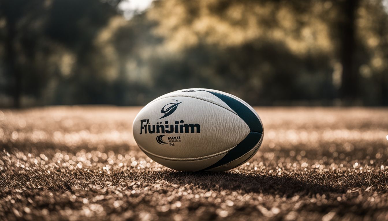 Rugby ball on a grass field with trees in the background during sunset.