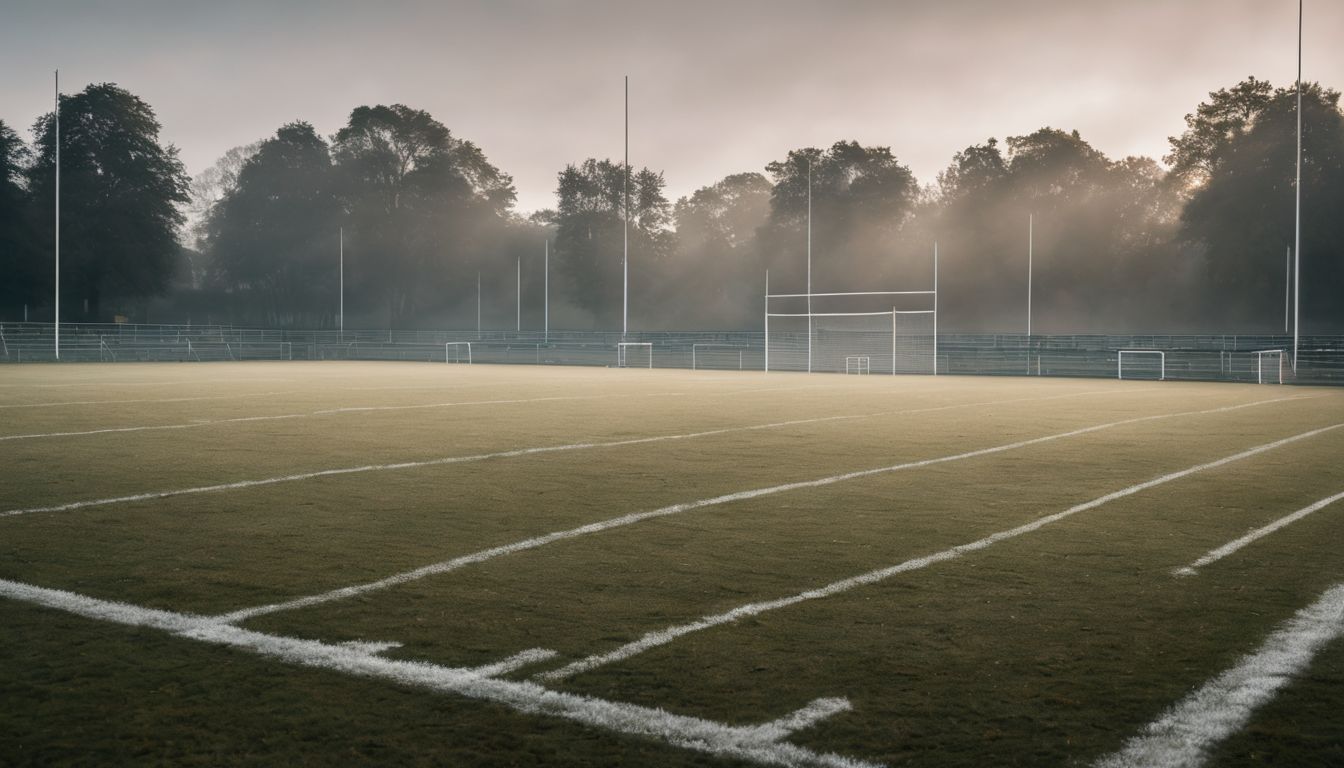 Empty soccer pitch engulfed in morning mist with sunlight breaking through.