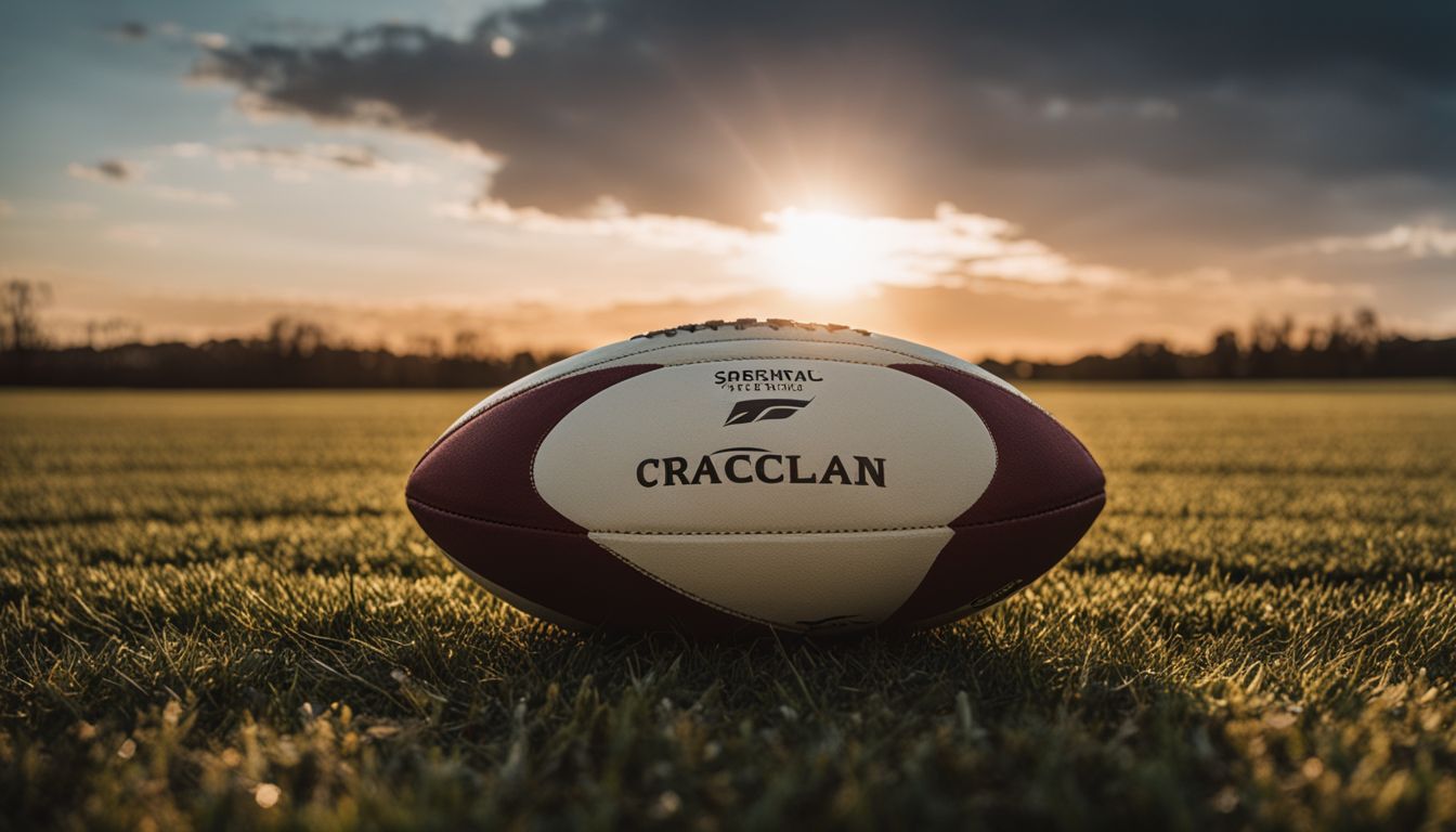 A rugby ball on a grass field at sunset.