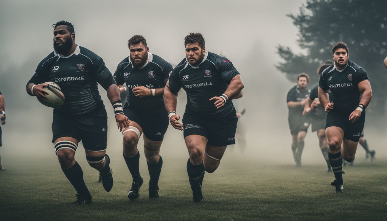 Rugby players running through the fog with determination during a match.
