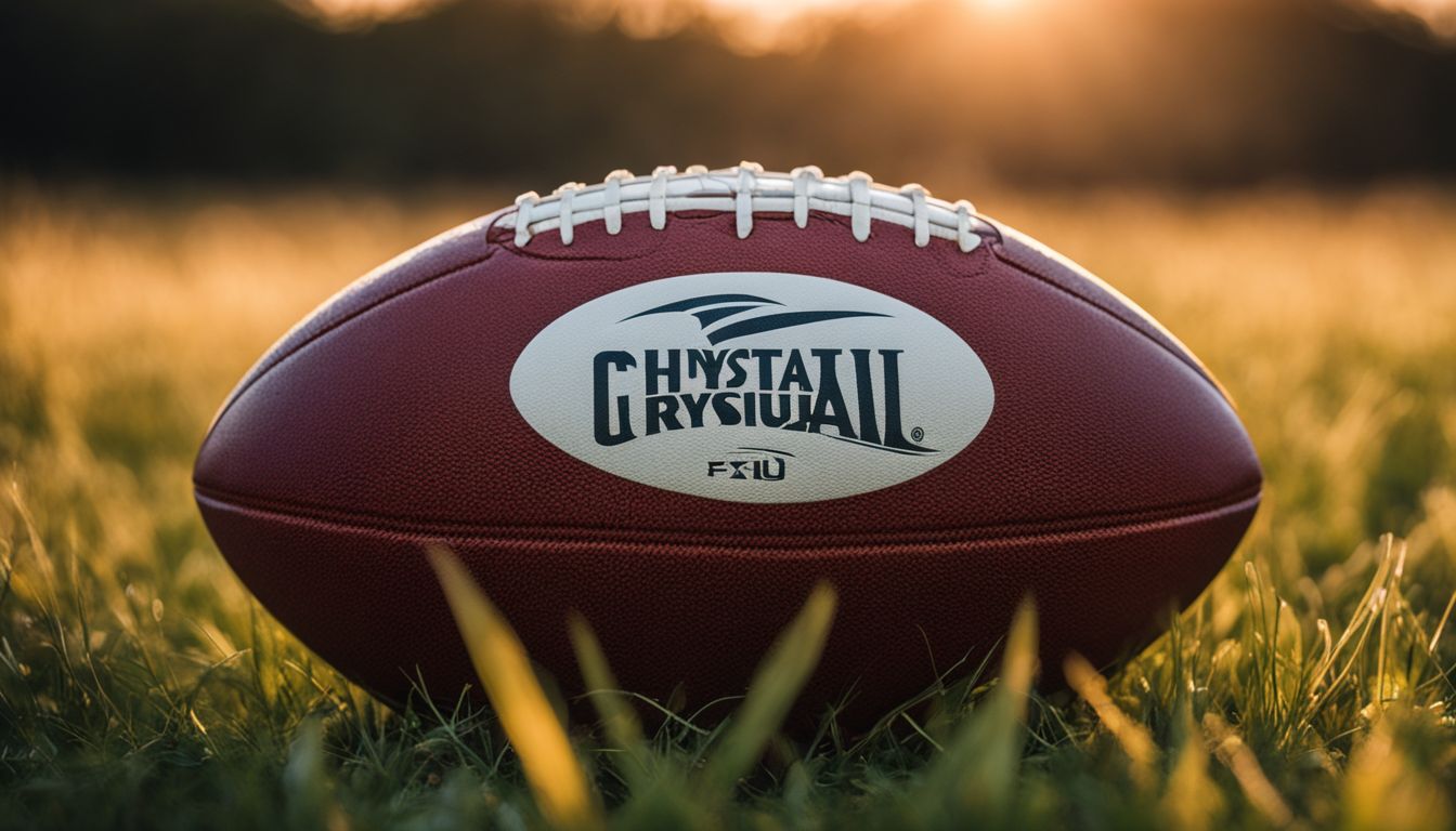 A football resting on grass with the sun setting in the background.