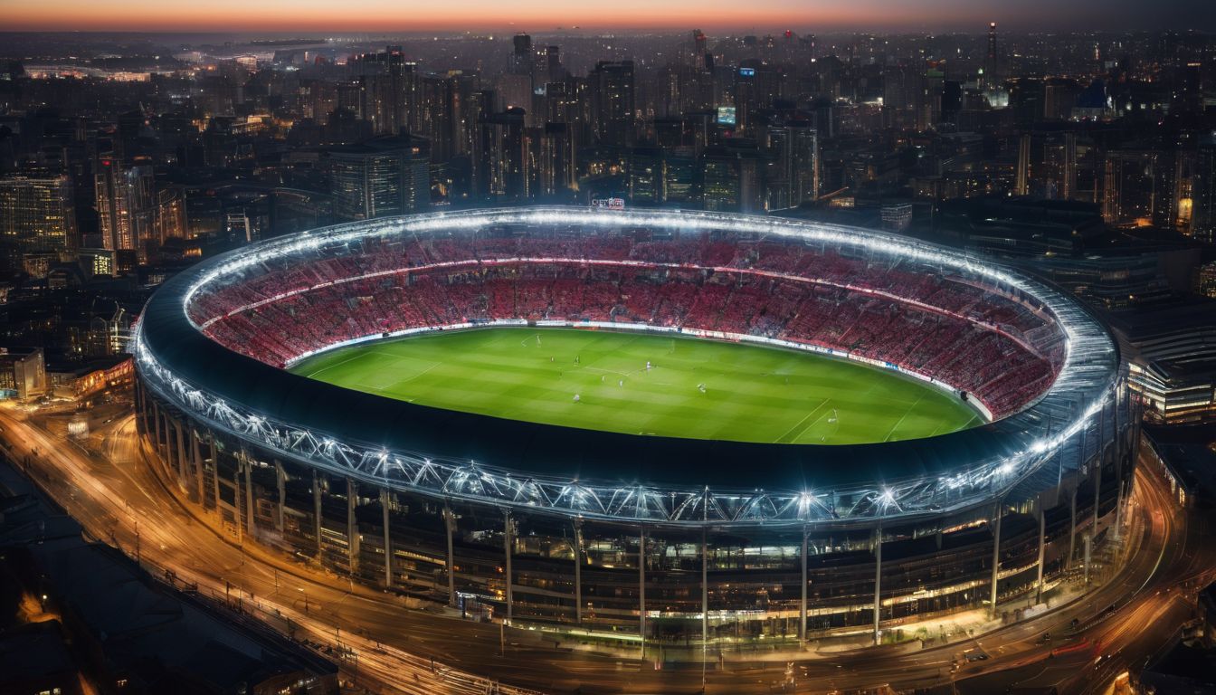 Illuminated stadium stands out amid the city's nighttime skyline.