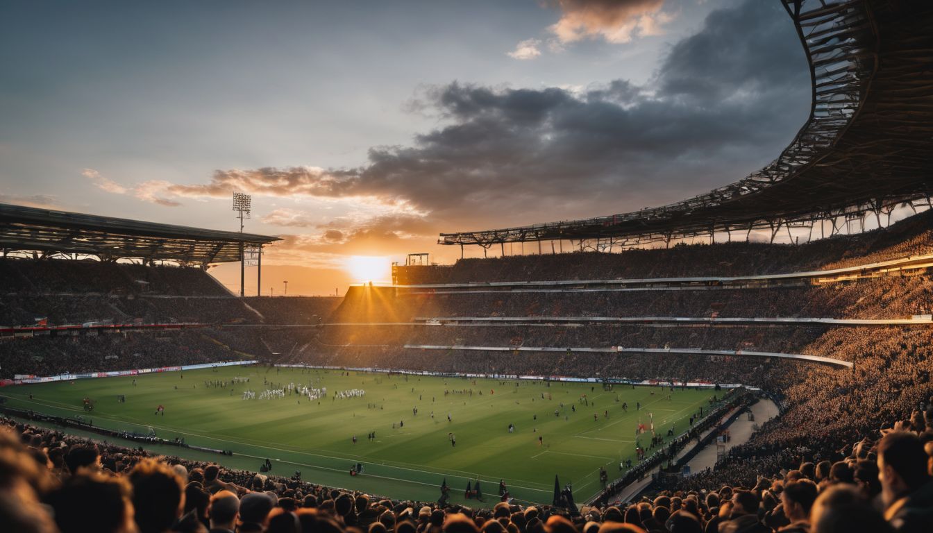 Sunset over a crowded stadium during a football match.