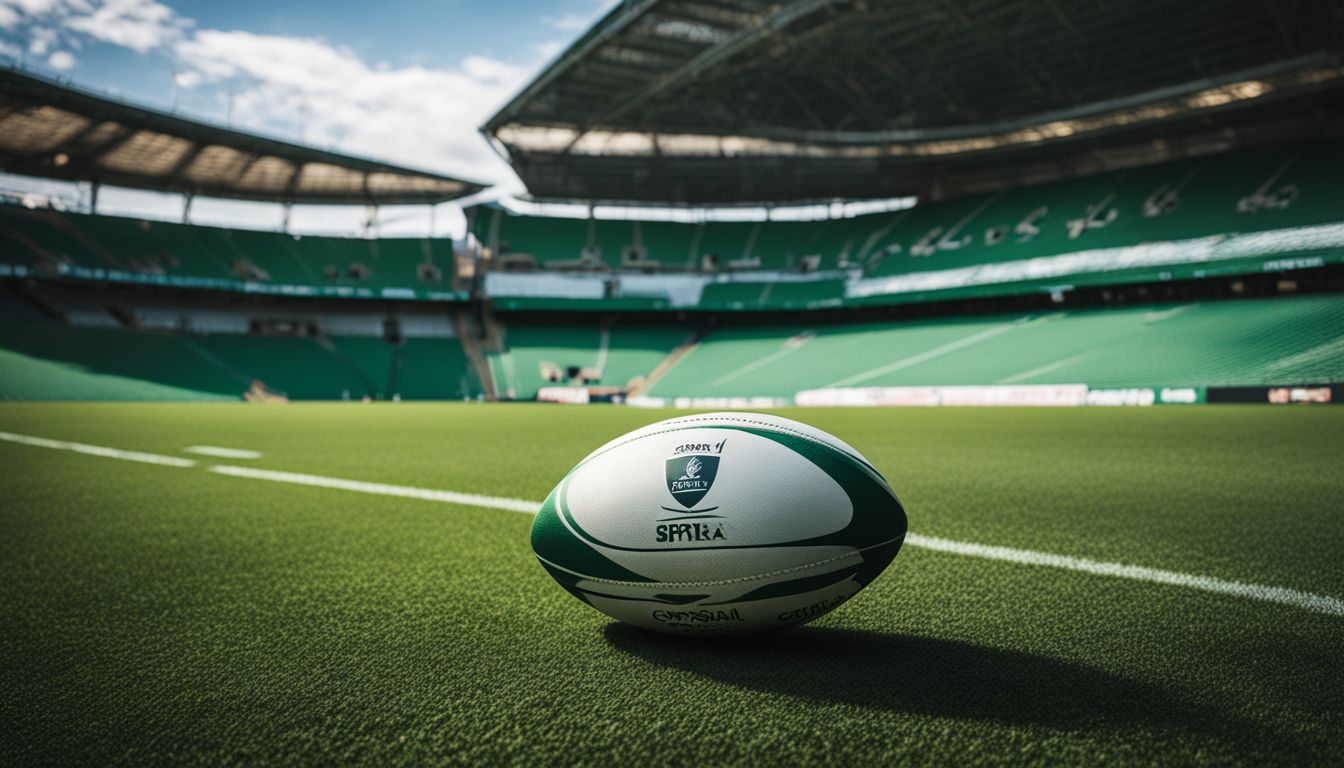 Rugby ball on a grass pitch with an empty stadium in the background.