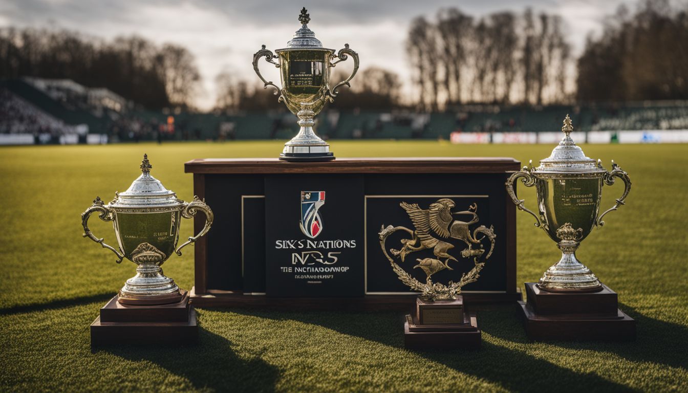 Three rugby trophies on display on a pitch with the six nations championship logo in the background.