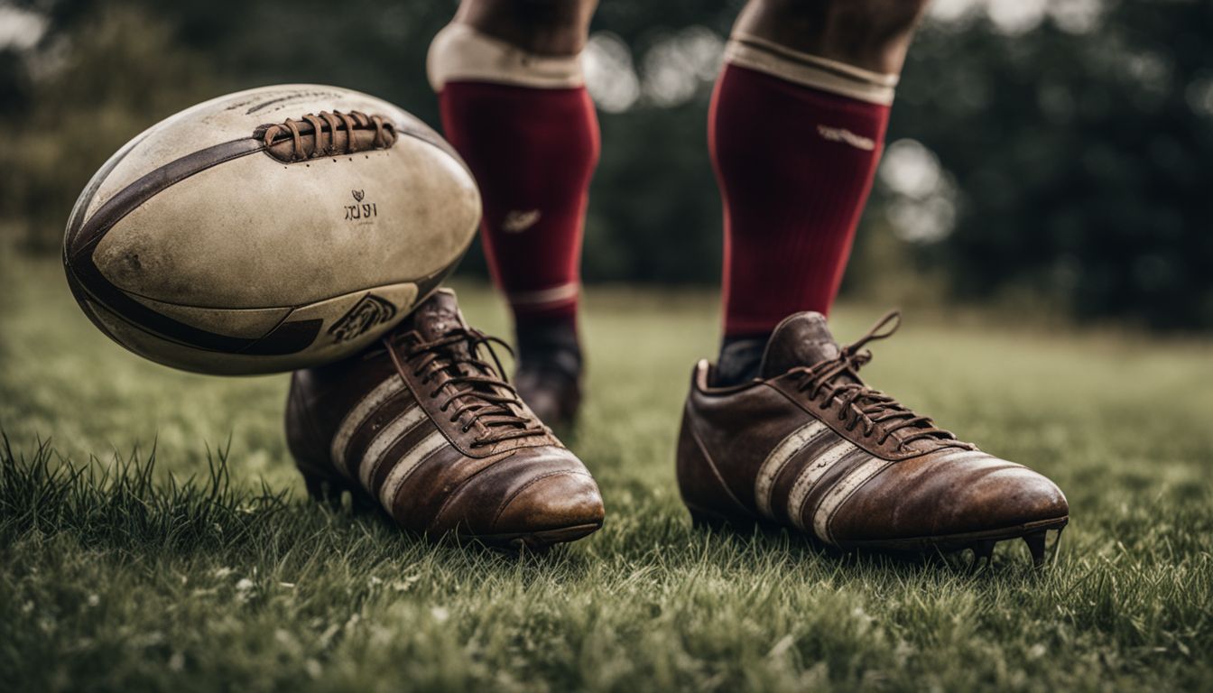 A rugby ball positioned between a pair of worn rugby cleats on grass with a player standing in the background.
