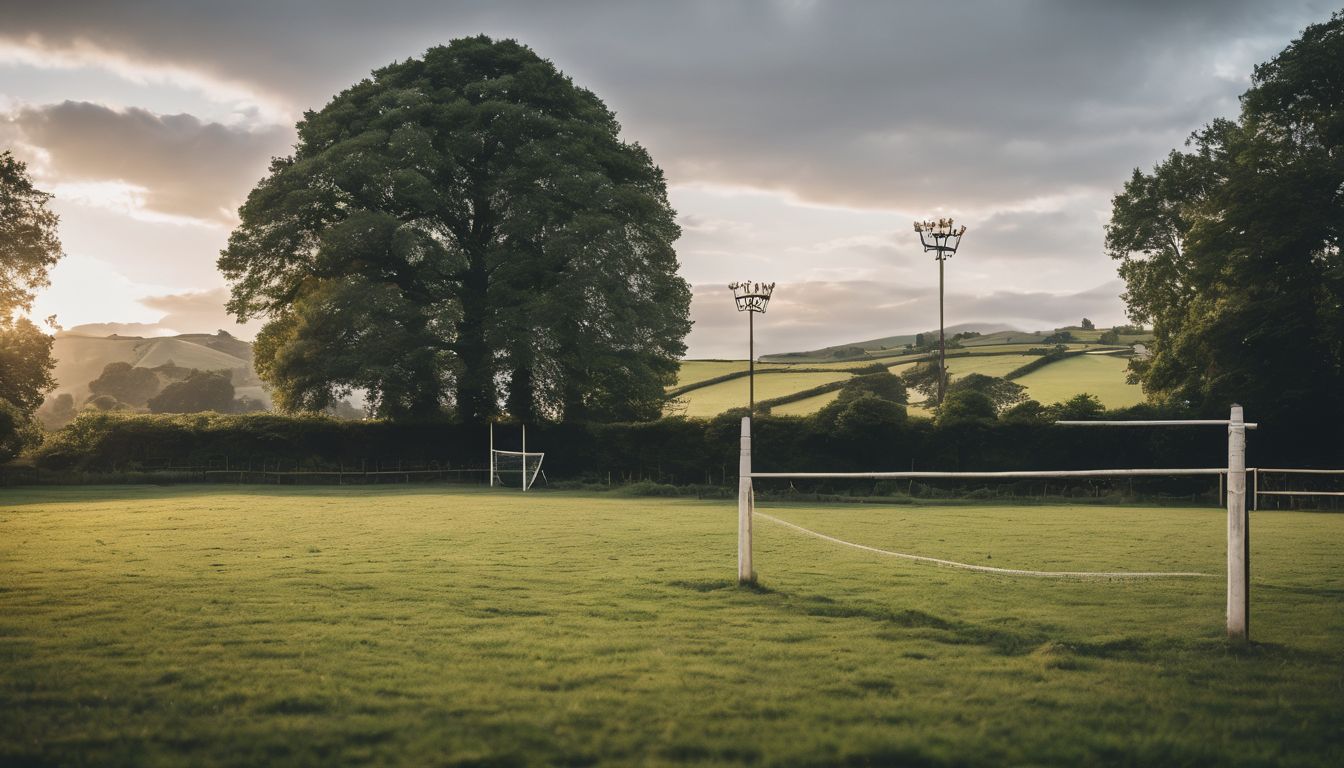 Empty rural soccer field at sunset with a large tree and floodlights.