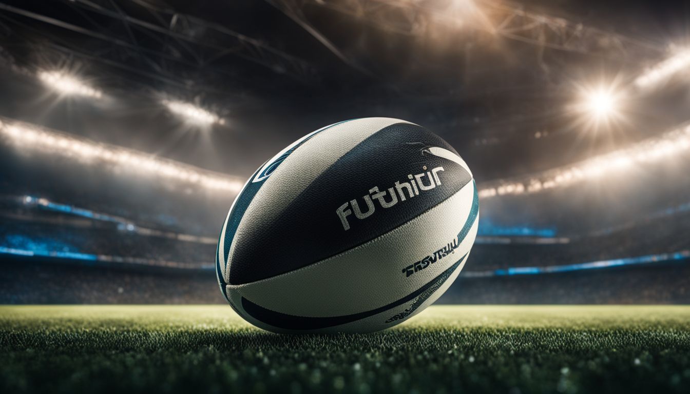 A rugby ball positioned on a grass field with stadium lights in the background.