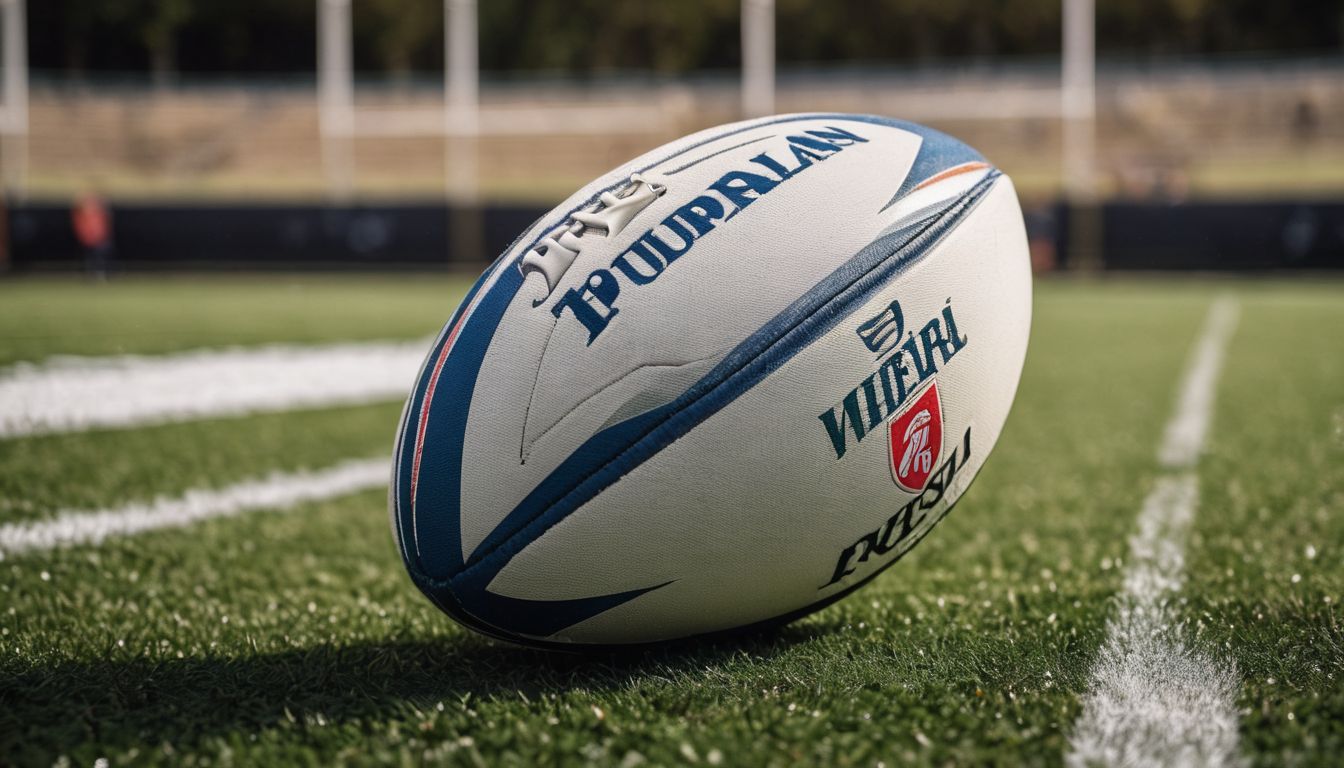 A rugby ball on a field with white boundary lines.