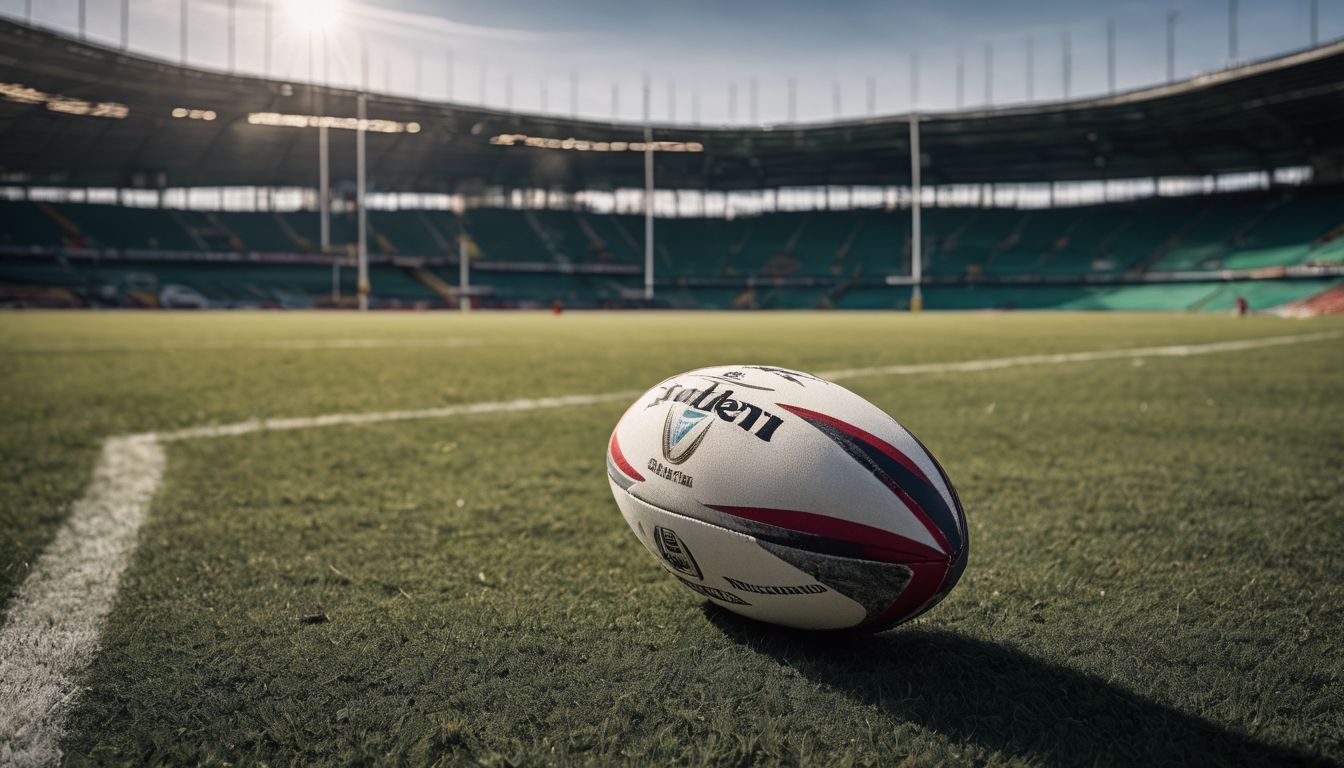 Rugby ball on a grass field within an empty stadium.