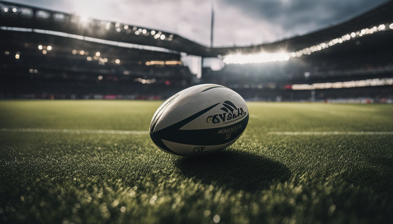 Rugby ball on a grass field with a stadium in the background under a dramatic sky.