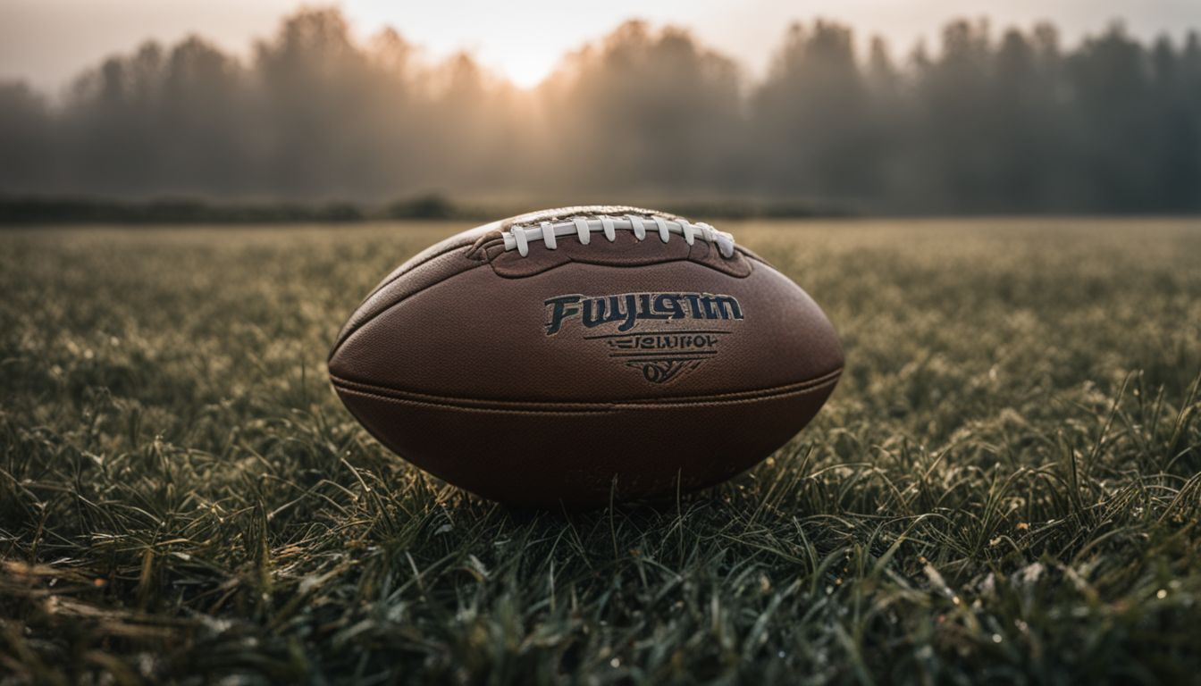American football resting on a dewy field at sunrise.