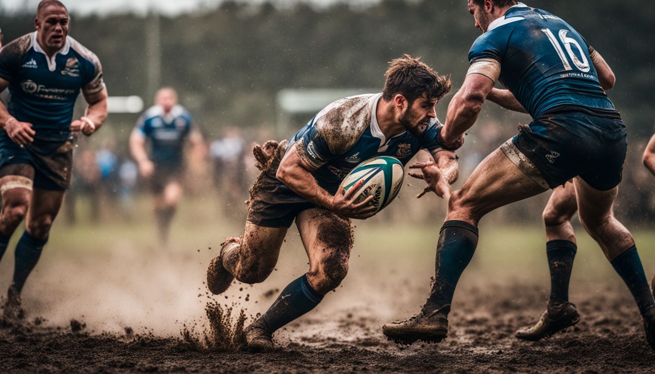 A rugby player charging forward with the ball, tackling through muddy conditions as opponents close in.