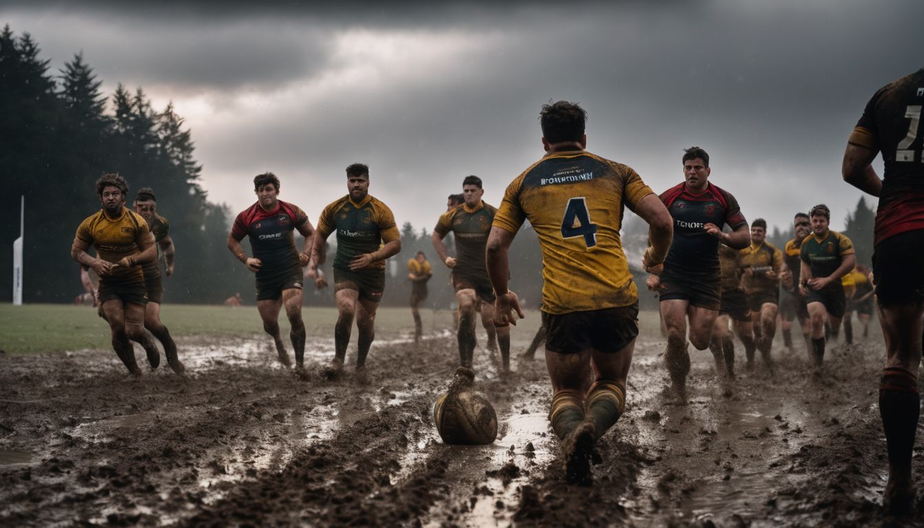 Rugby players in action on a muddy field with a focus on the ball.