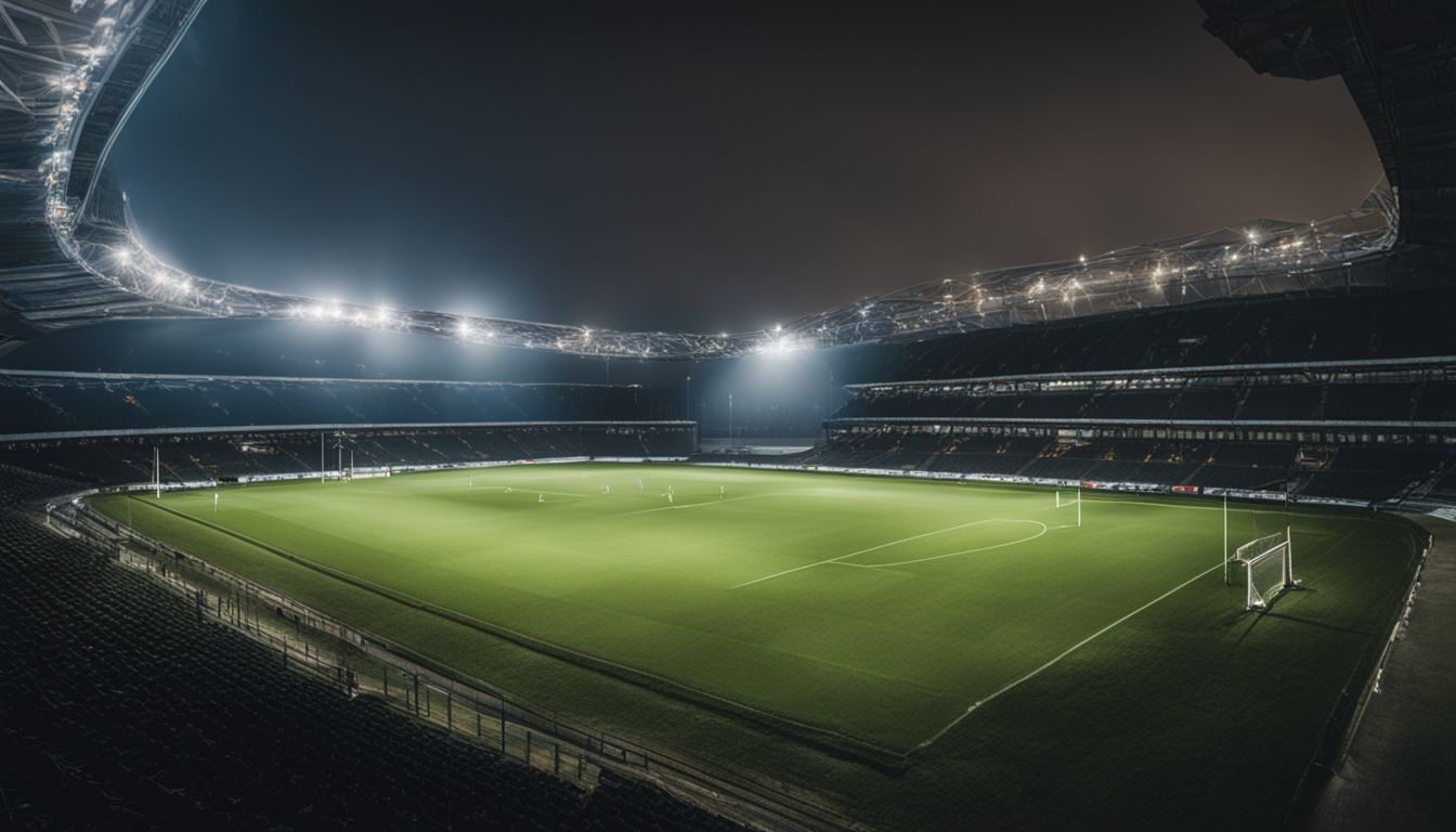 An empty stadium at night illuminated by floodlights with a focus on the soccer field.