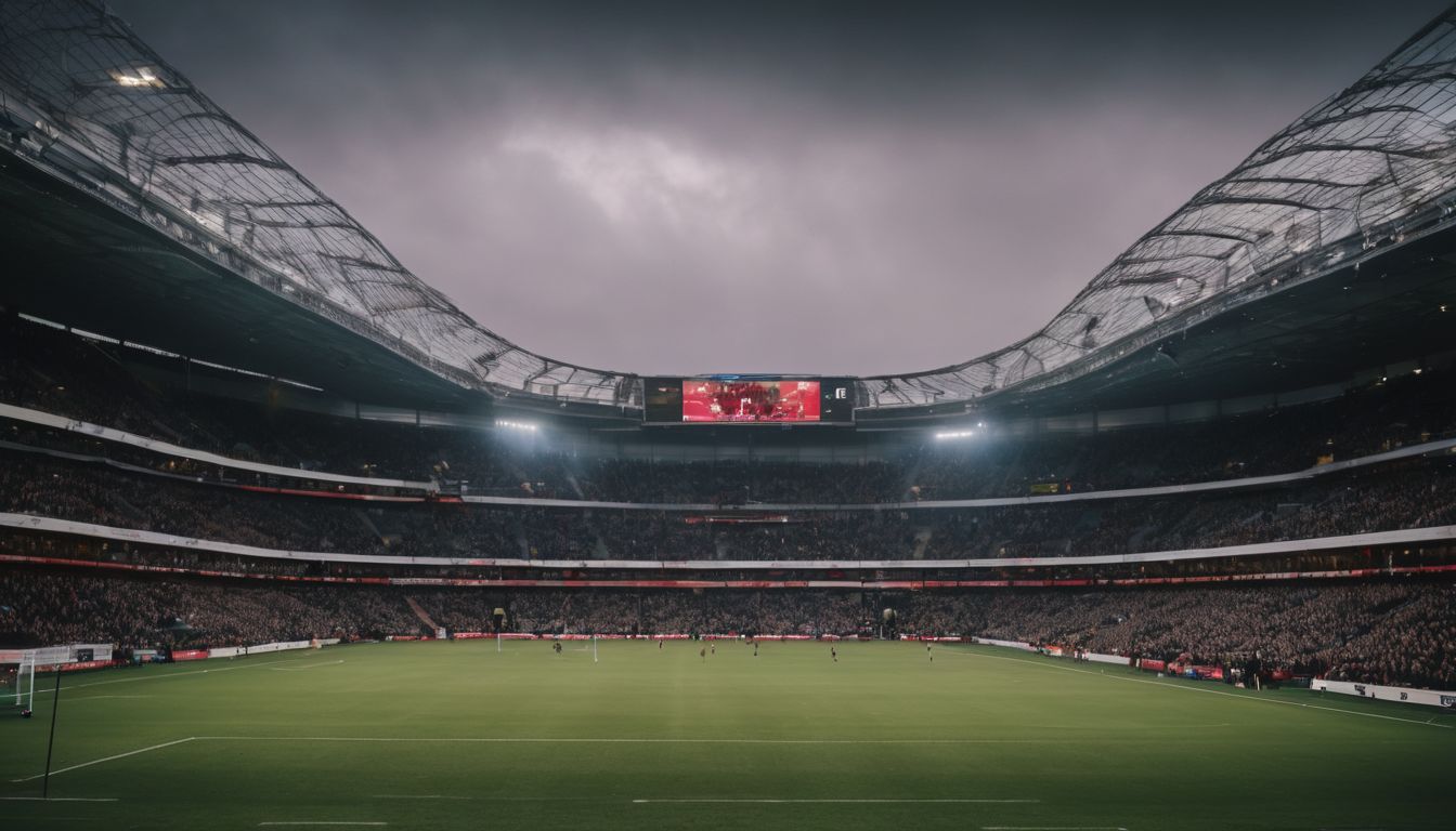 Overcast skies loom above a crowded stadium during a football match.