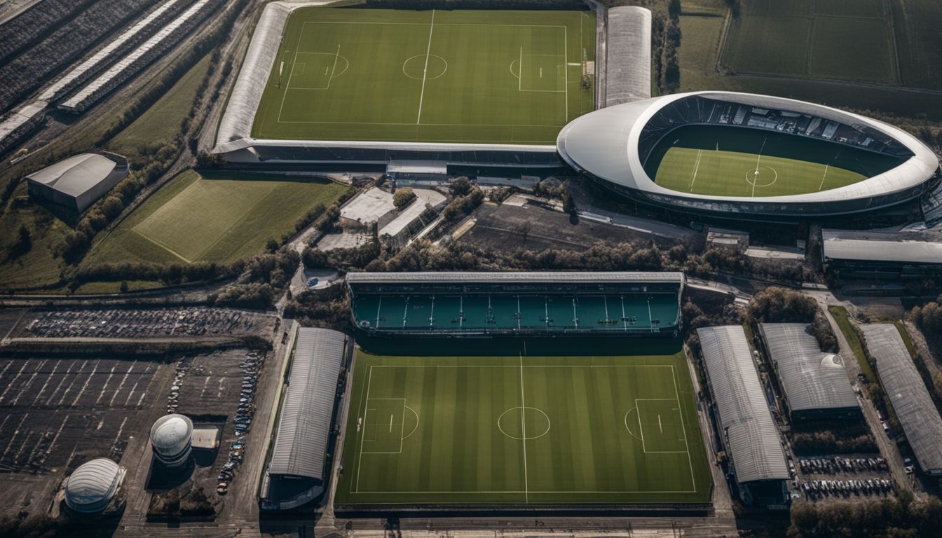 Aerial view of a sports complex featuring a stadium and surrounding fields.
