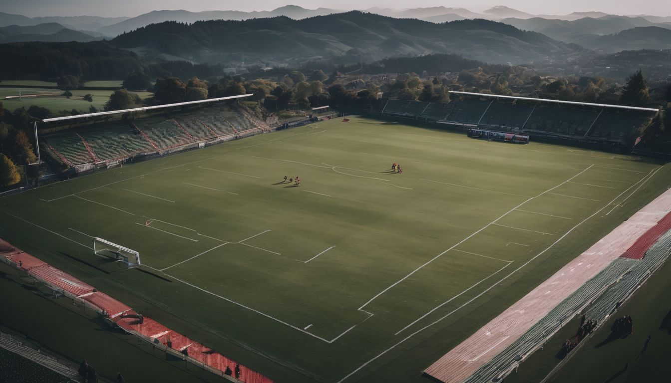 Empty soccer stadium with a scenic backdrop of hills and a clear sky.