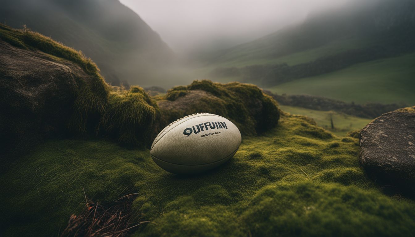 A rugby ball on a lush, mossy terrain with misty hills in the background.