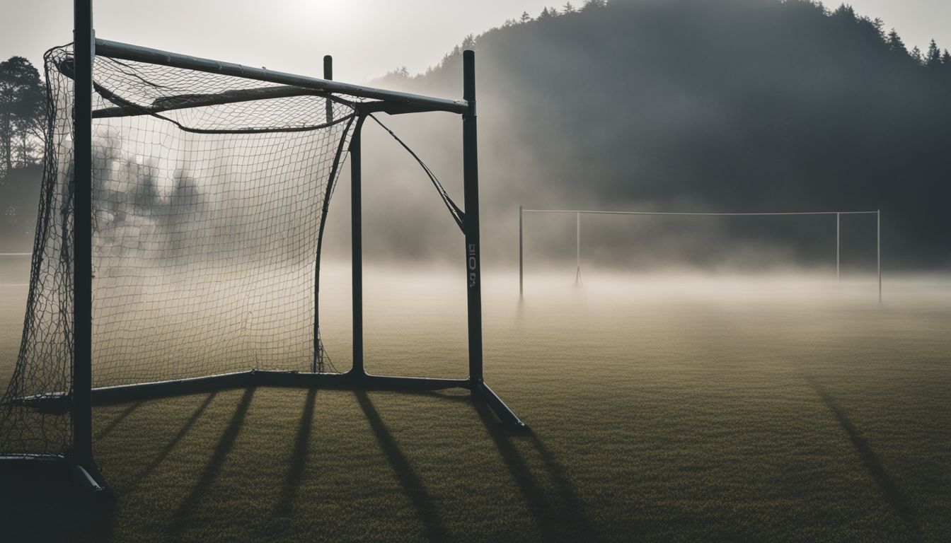 Soccer goals stand on a misty field in the early morning light.