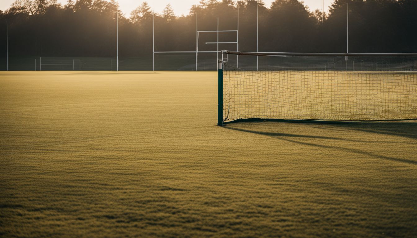 Empty soccer field bathed in the warm light of a setting or rising sun, highlighting the texture of the grass.