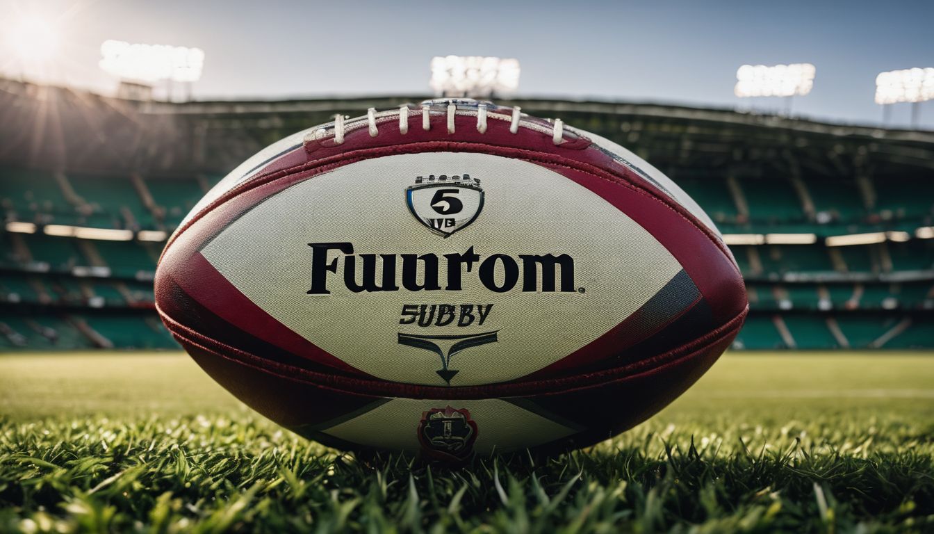 A rugby ball prominently placed on grass with a stadium in the background.