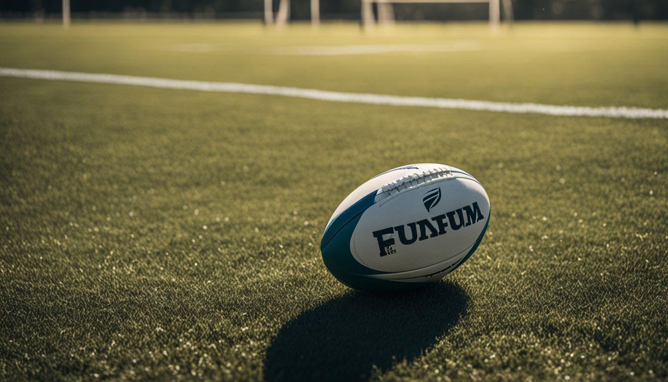 A rugby ball on a grass field in the sunlight.