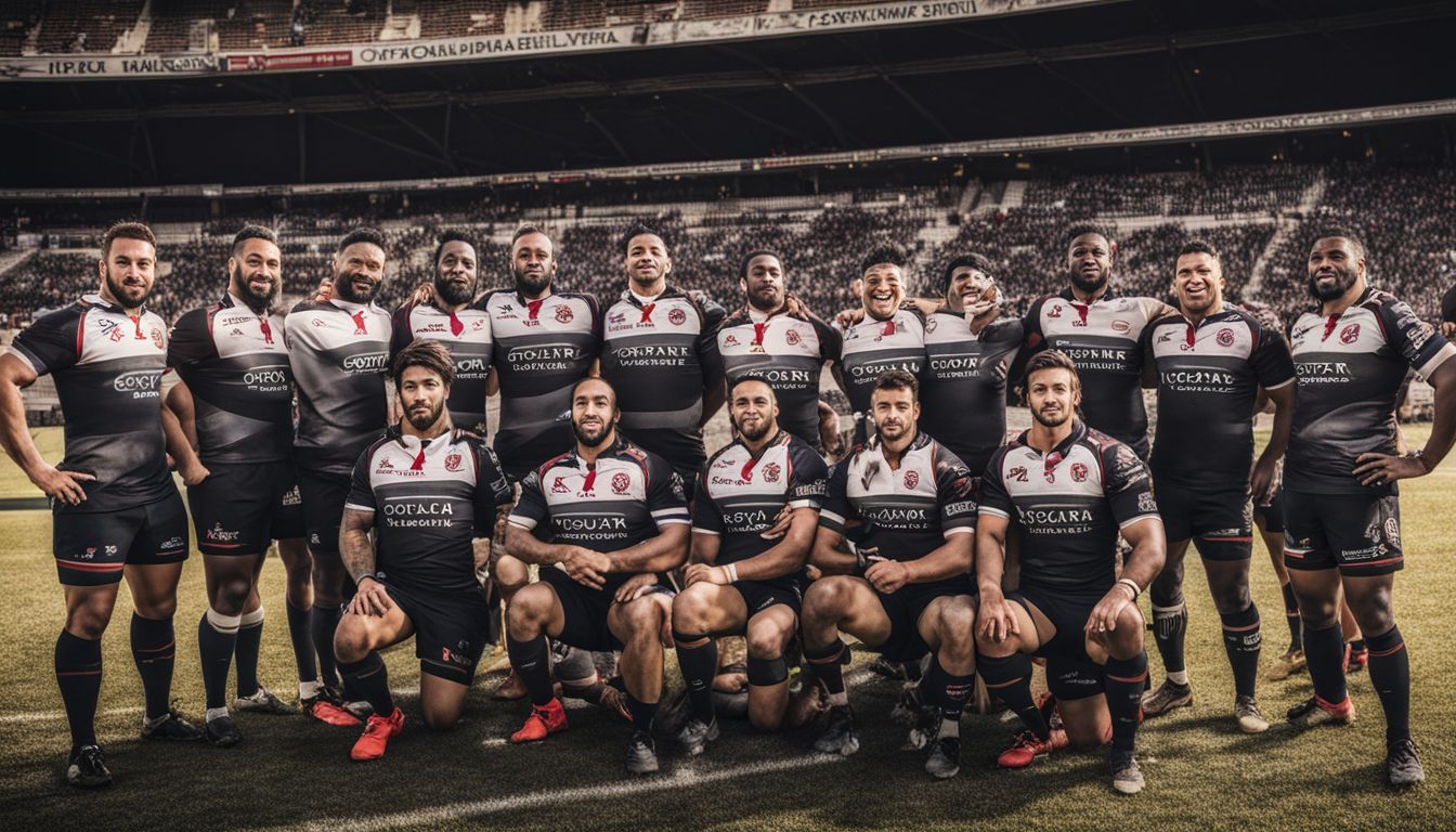 A rugby team posing together on the field before a match.