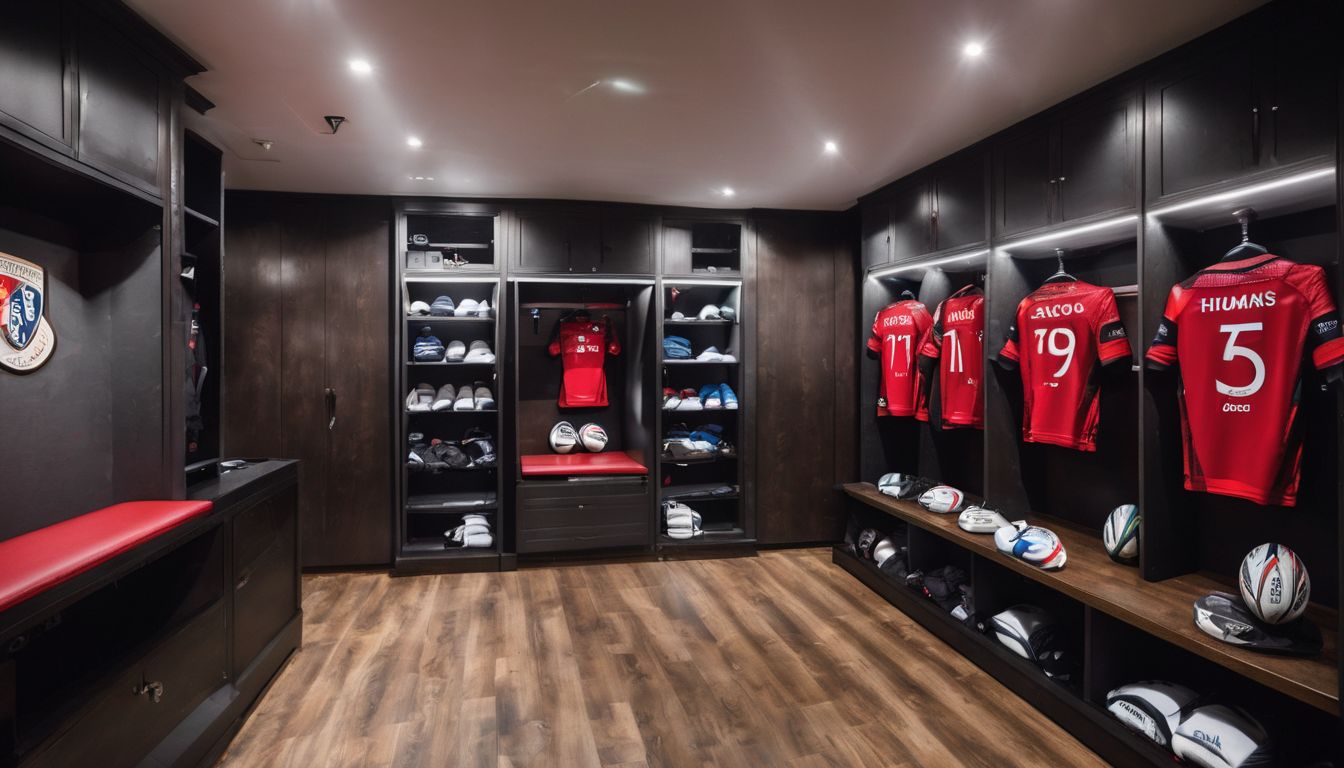 A well-organized sports locker room with jerseys, equipment, and seating.