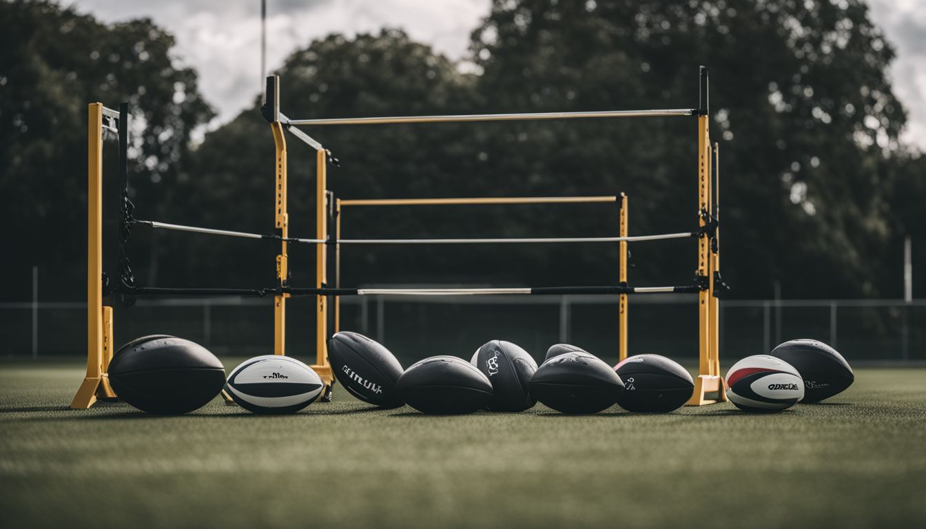 A lineup of rugby balls on the grass in front of goal posts.