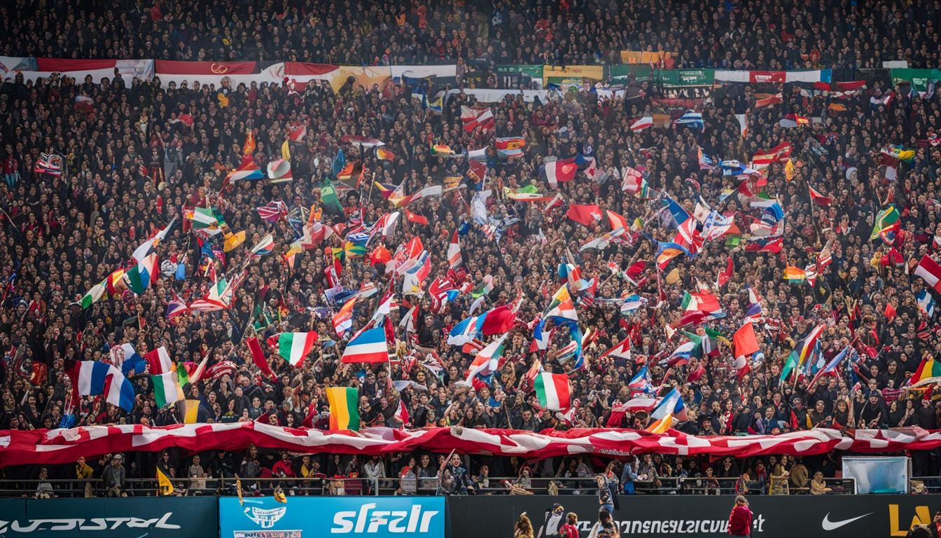 Spectators waving a diverse array of national flags at a crowded event.