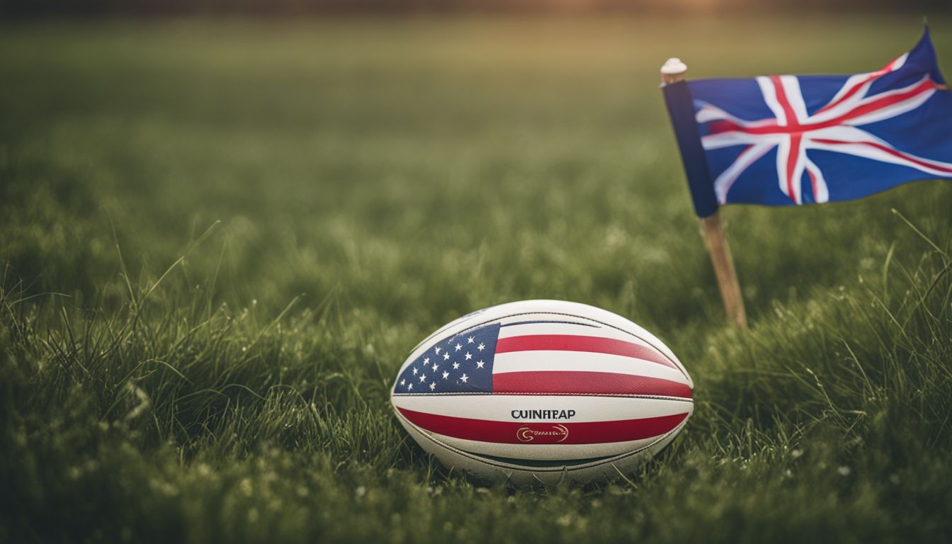 Rugby ball with american flag design next to a small uk flag planted in the grass.