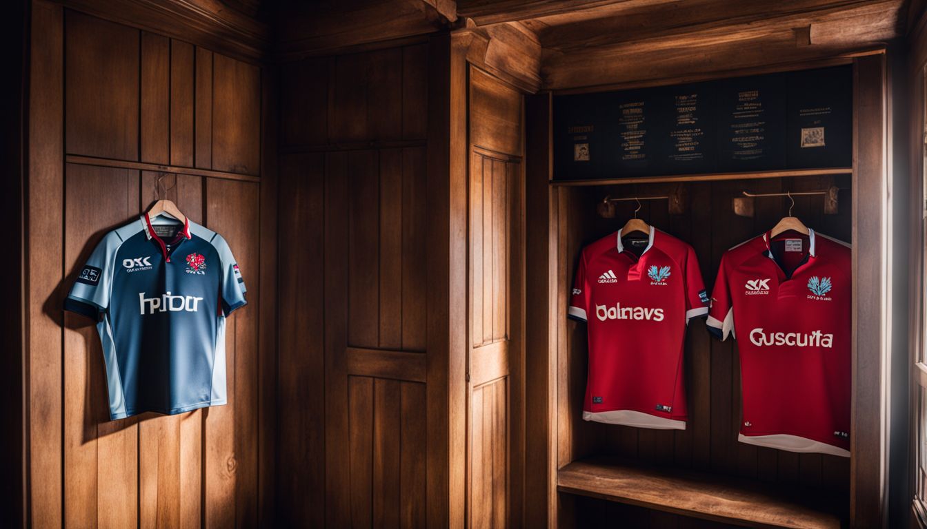 Locker room with a blue and two red rugby jerseys hanging on hooks, possibly representing team uniforms.