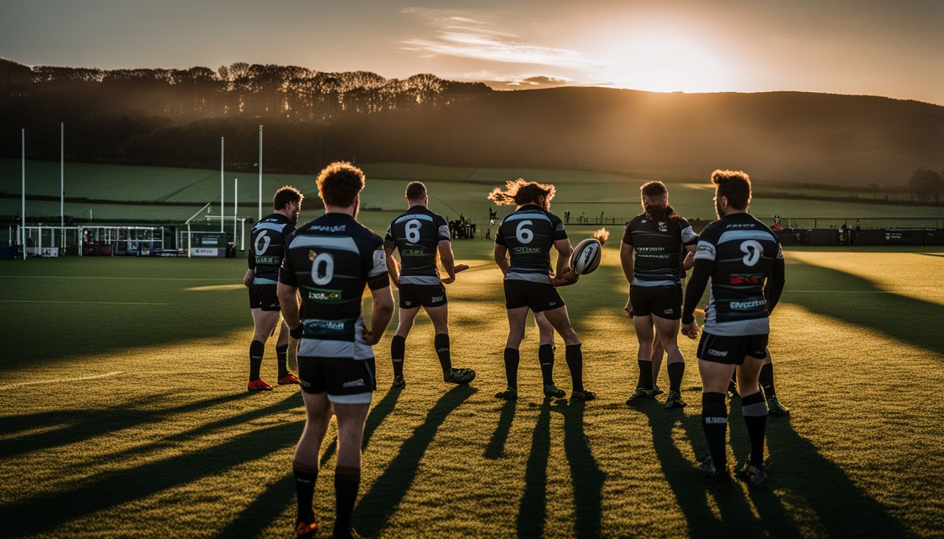 Rugby players training on the field at sunset.