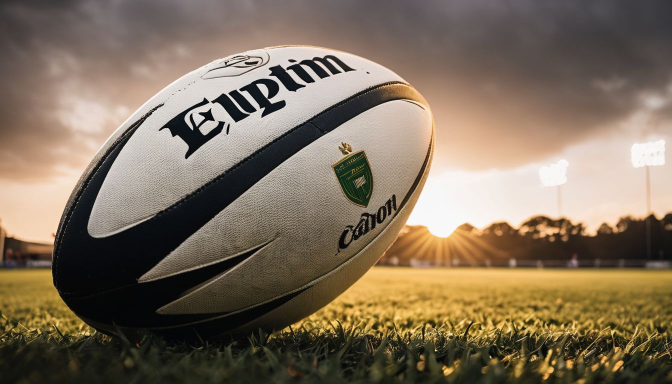 Rugby ball on a field at sunset with stadium lights in the background.