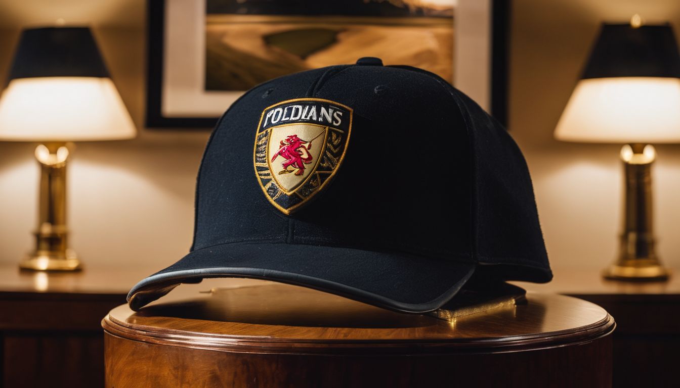 Navy blue baseball cap with a gold and red crest emblem displayed on a polished wooden surface, flanked by two table lamps.