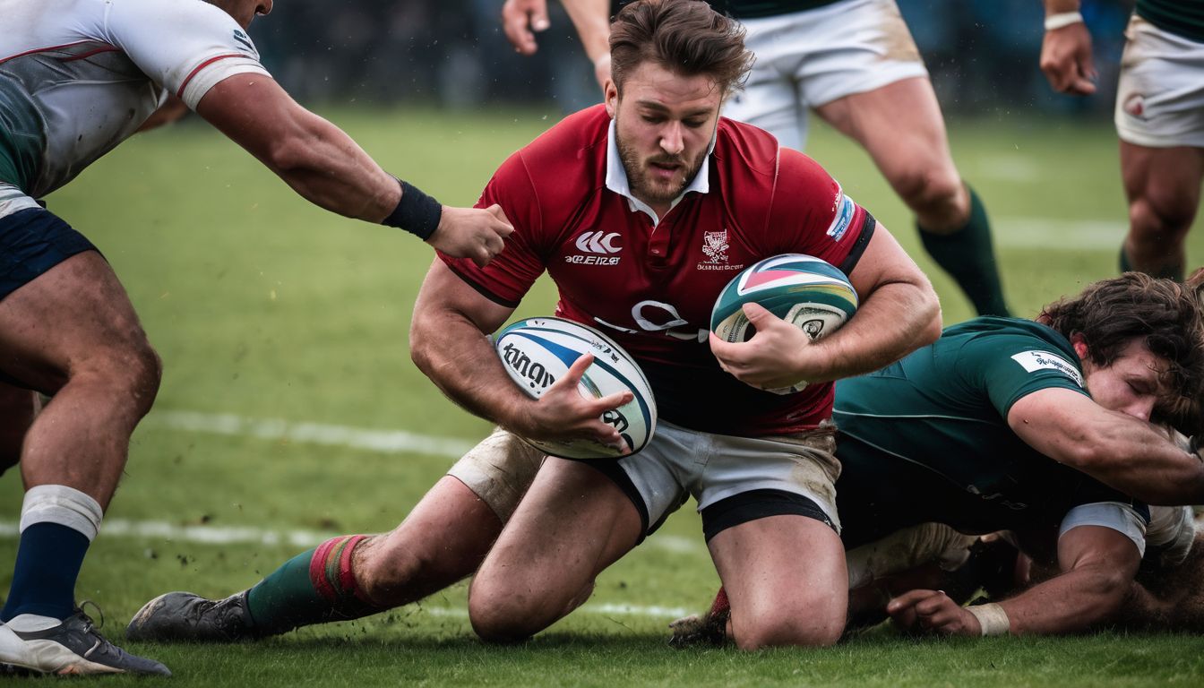 Rugby player in red jersey being tackled by an opponent while running with the ball.