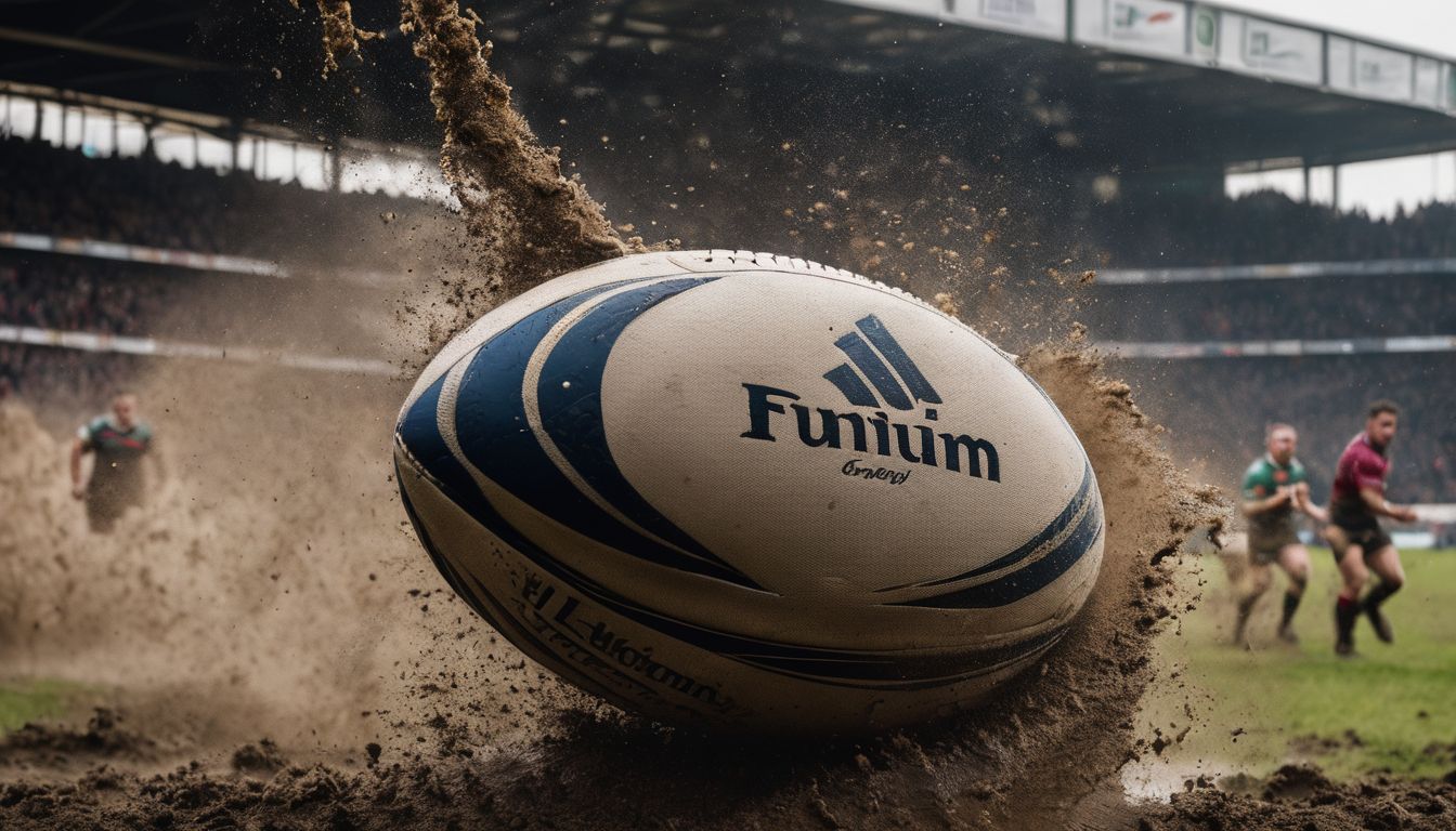 A rugby ball branded with "funium" is spinning through the air, kicking up mud, with players in the background on a muddy field.