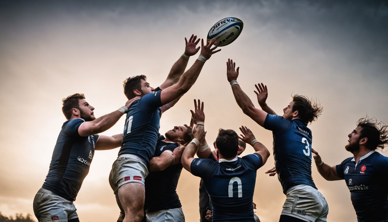 Rugby players reaching for the ball during a line-out at dusk.