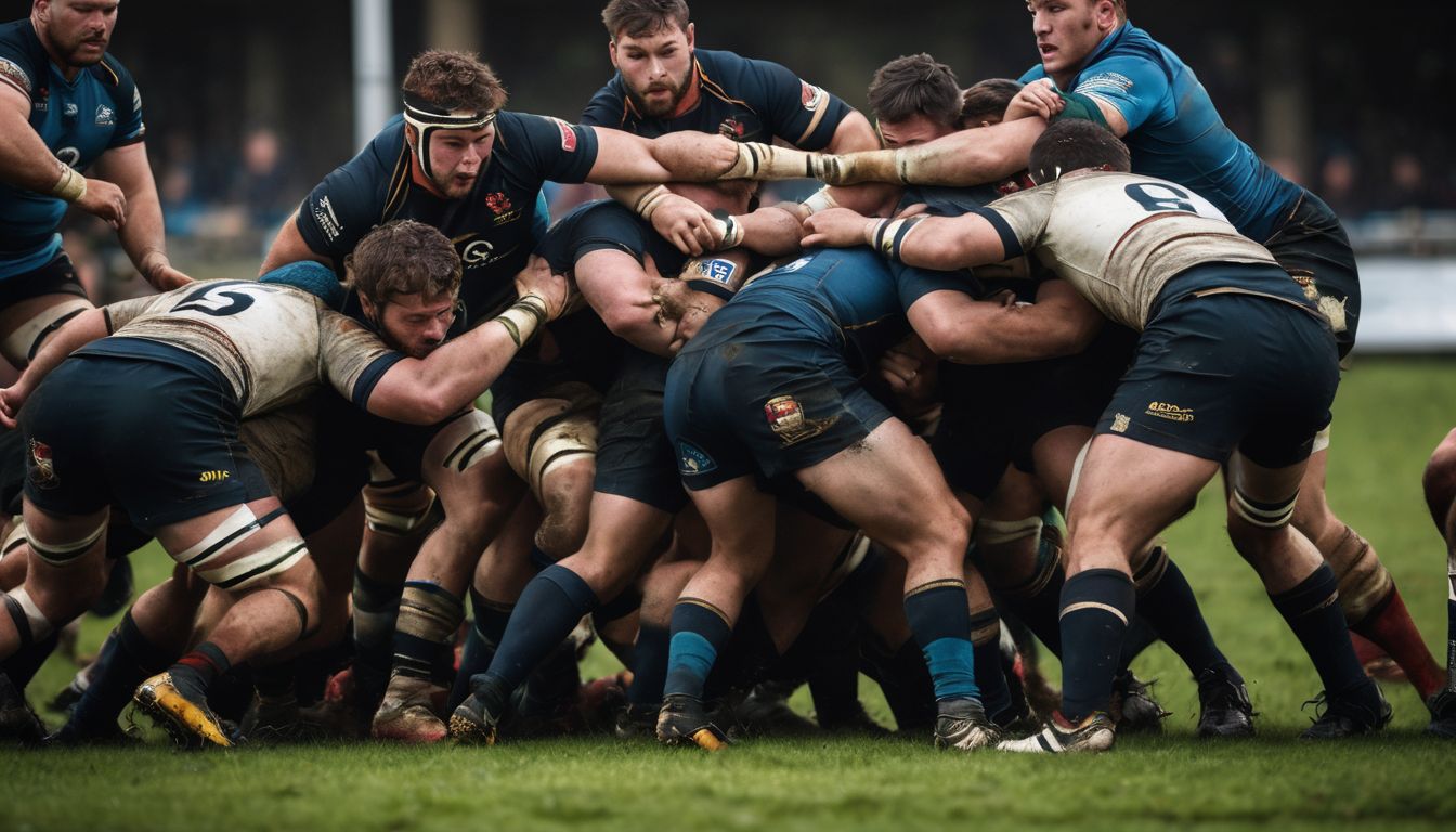 Two rugby teams engaged in a scrum during a match.
