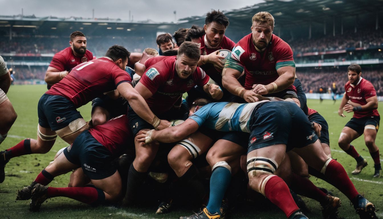 Rugby players engaged in a scrum during a match.