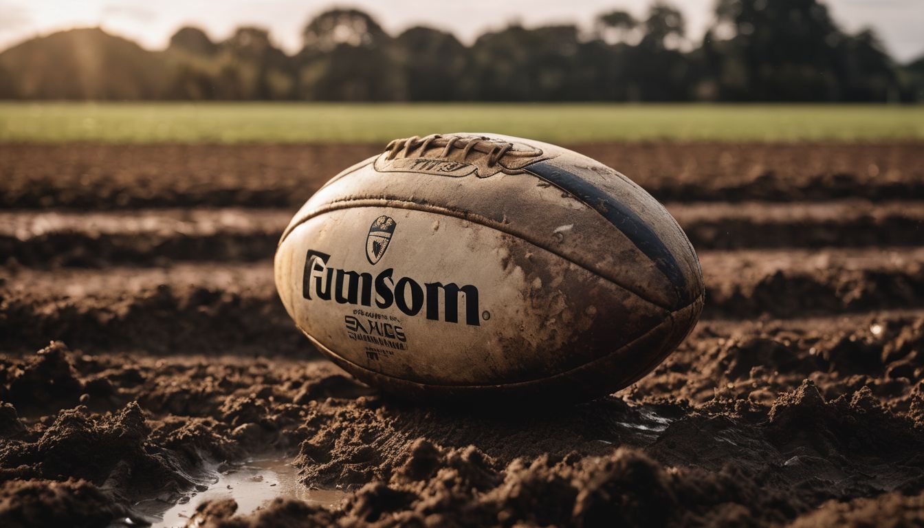 A worn rugby ball resting on a muddy field at sunset.