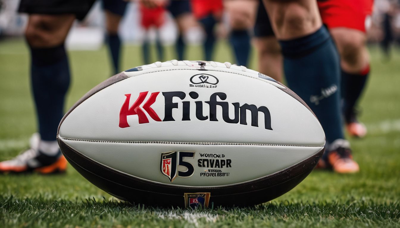 Close-up of a rugby ball on the field with players in the background.