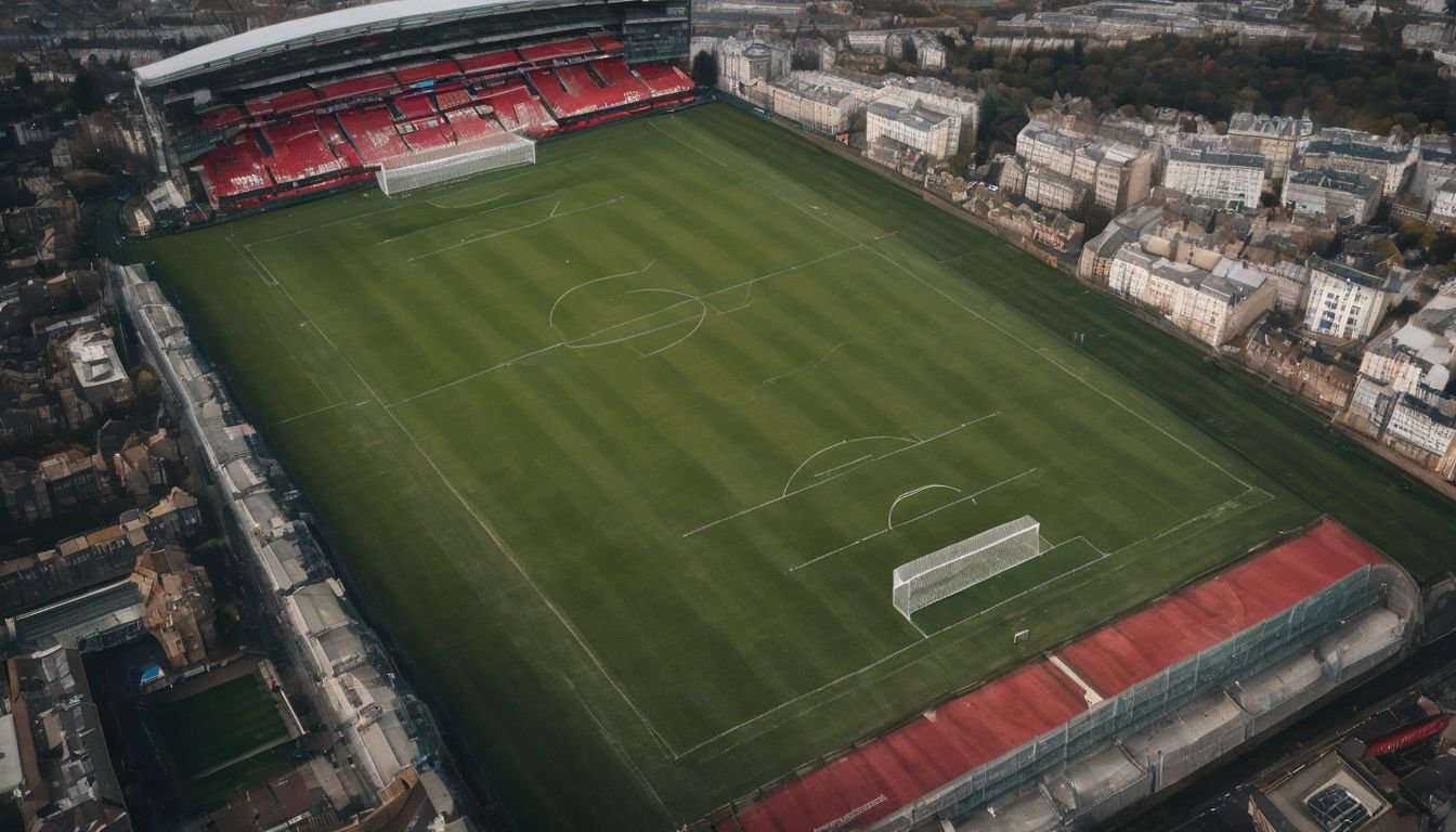 Aerial view of an empty soccer stadium with surrounding cityscape.