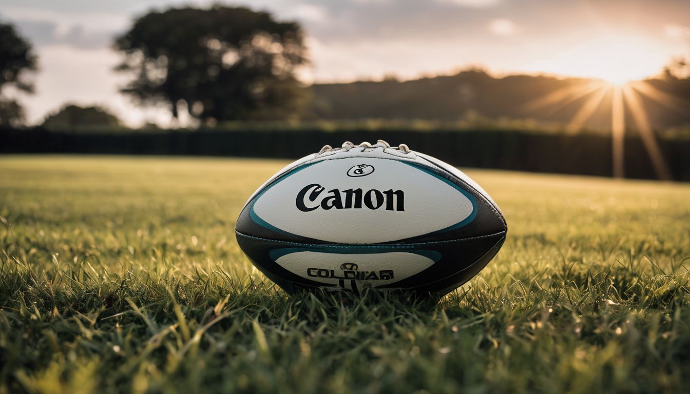 A rugby ball branded with canon on a grass field with the sun setting in the background.