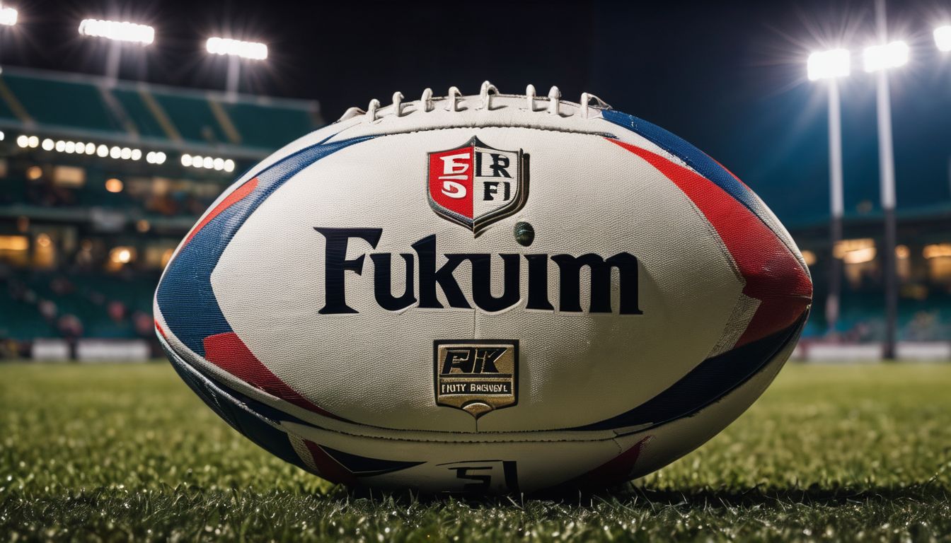 Close-up of a rugby ball on a grass field with stadium lights in the background.